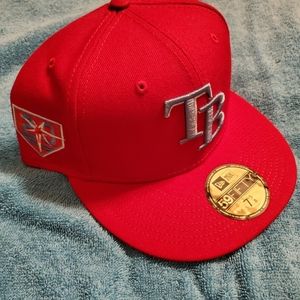 TAMPA BAY RAYS NEW ERA 59FIFTY HAT 7 5/8 20 YEAR SIDE PATCH RED W ICY UV